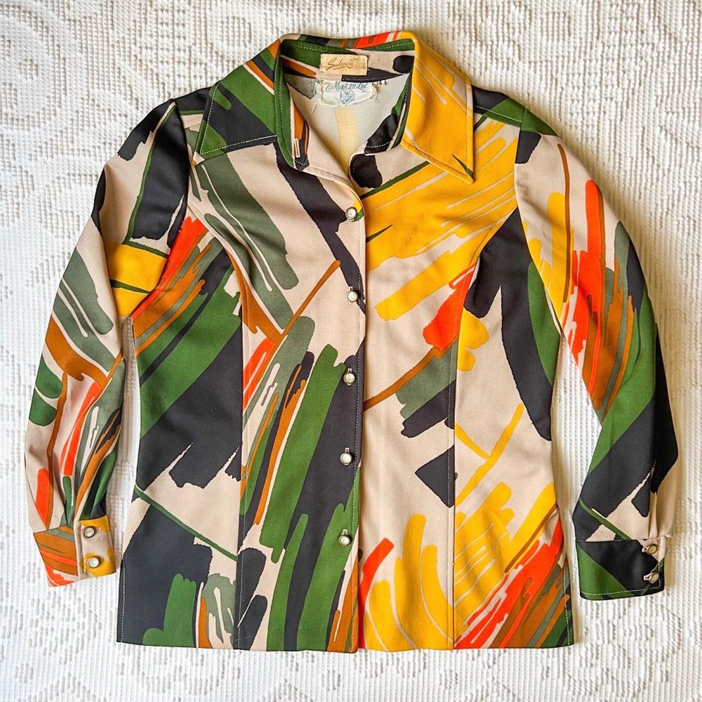 Vintage 70s Polyester Western Pearl Buttoned Collared Long Sleeve Shirt